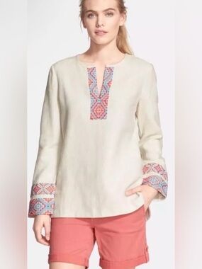 Tory Burch Cream Tunic with Coral and Sky-Blue Embroidery